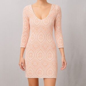 Free People Women’s Dress Large Peach Cream Lace Boho Bodycon 3/4 Sleeve Stretch